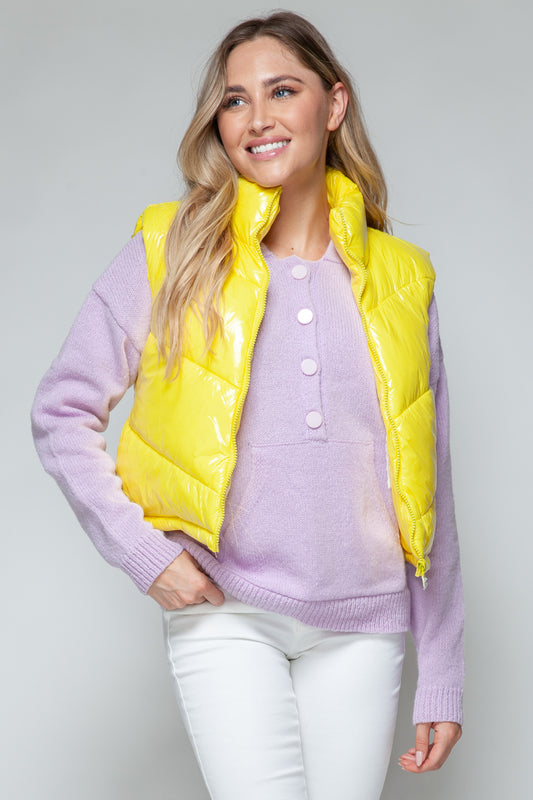 Yellow Zip Up Turtleneck Shiny Quilted Vest - Tigbul's Variety Fashion Shop