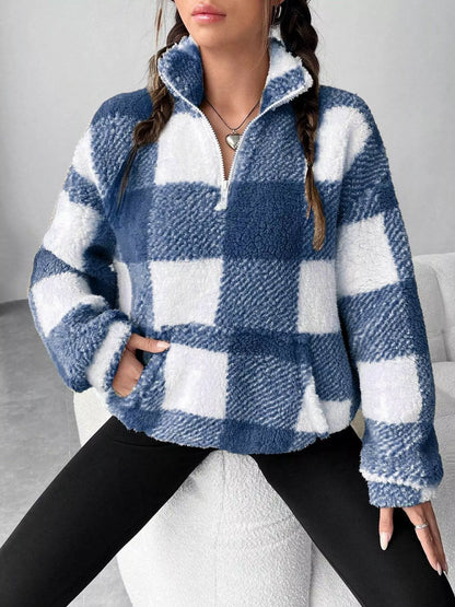 Full Size Plaid Sherpa Long Sleeve Sweatshirt Plus Size - Tigbul's Variety Fashion Shop