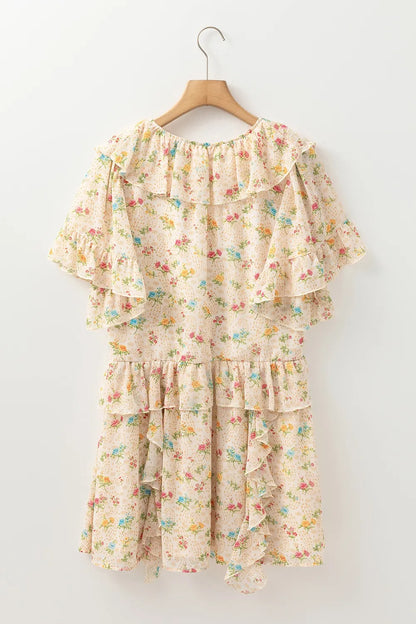 Boho Floral Tassel Tie V Neck Ruffle Wide Sleeve Mini Dress - Tigbul's Variety Fashion Shop