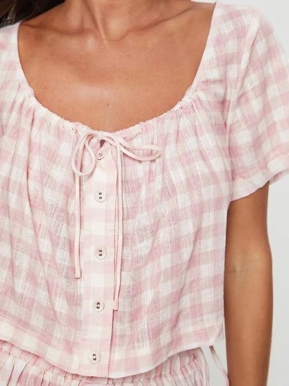 Gingham Check Top and Shorts Two-Piece Casual Set - Tigbul's Variety Fashion Shop