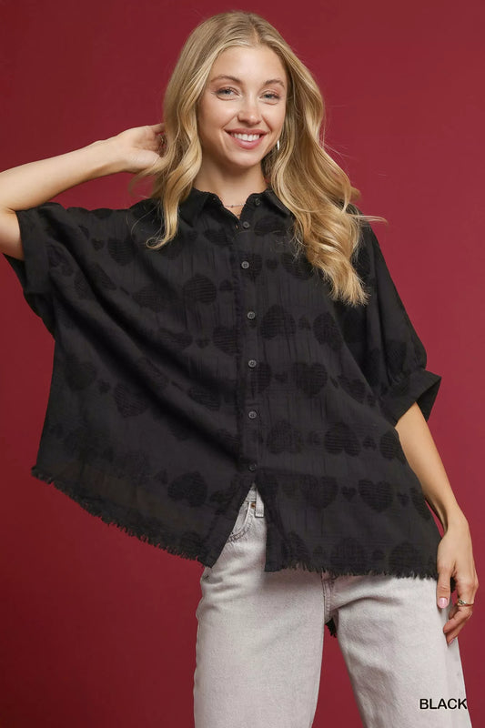 Umgee Jacquard Heart Collared Shirt - Tigbul's Variety Fashion Shop