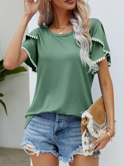 Pom-Pom Trim Flutter Sleeve Round Neck T-Shirt - Tigbul's Variety Fashion Shop