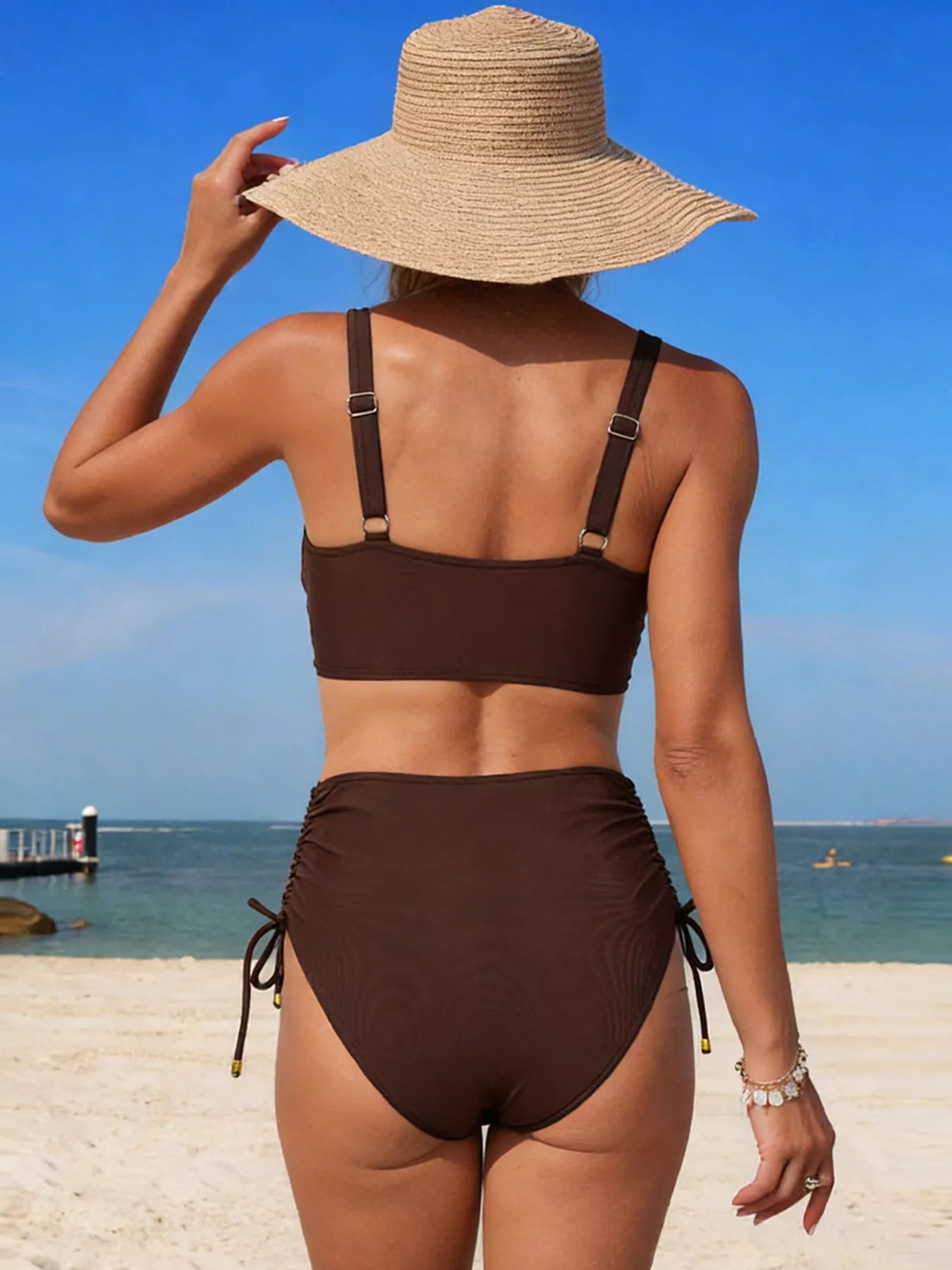 Dark brown high-waisted swim set, strappy back bra with side-tie bikini bottoms