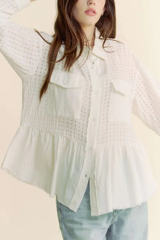 White Garment Washed Jacquard Button Front Shirt - Tigbul's Variety Fashion Shop