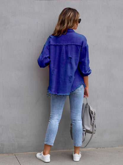 Distressed Drop Shoulder Denim Jacket - Tigbul's Variety Fashion Shop