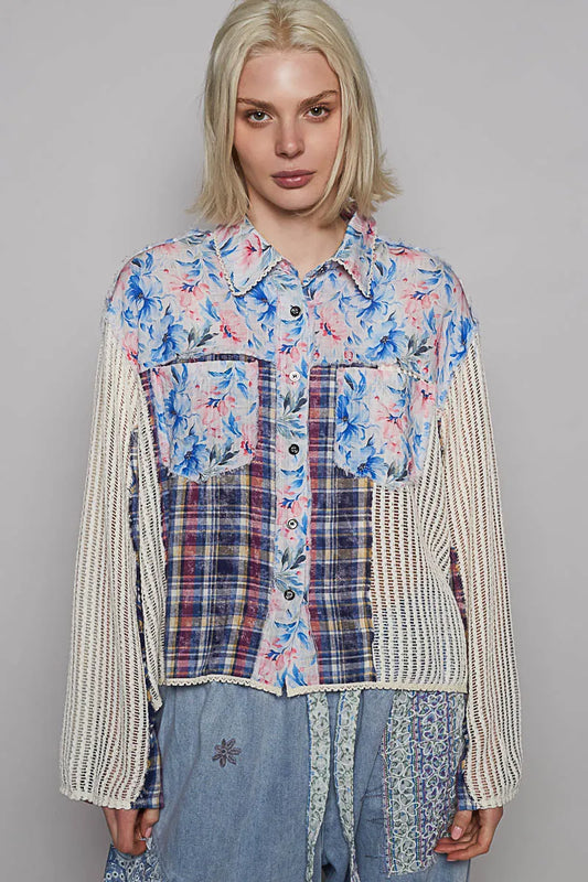 POL Floral Slit Back Plaid Patchwork Shirt - Tigbul's Variety Fashion Shop