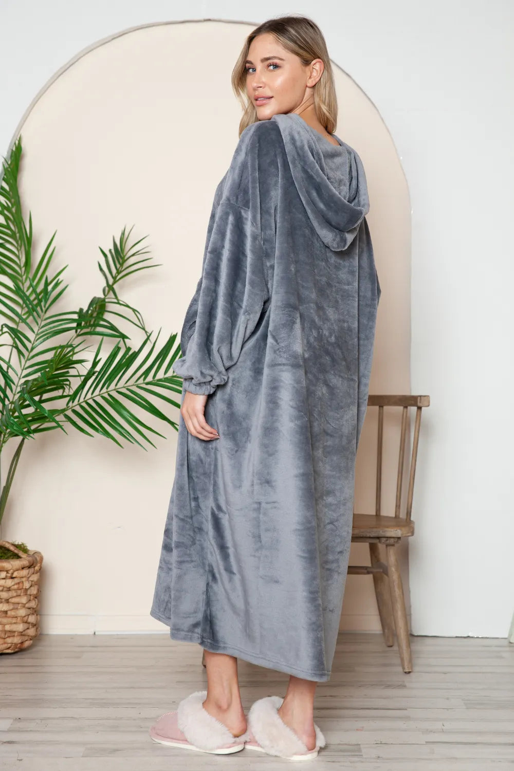 Dark gray hooded midi lounge dress, back/side view with hood and long sleeves