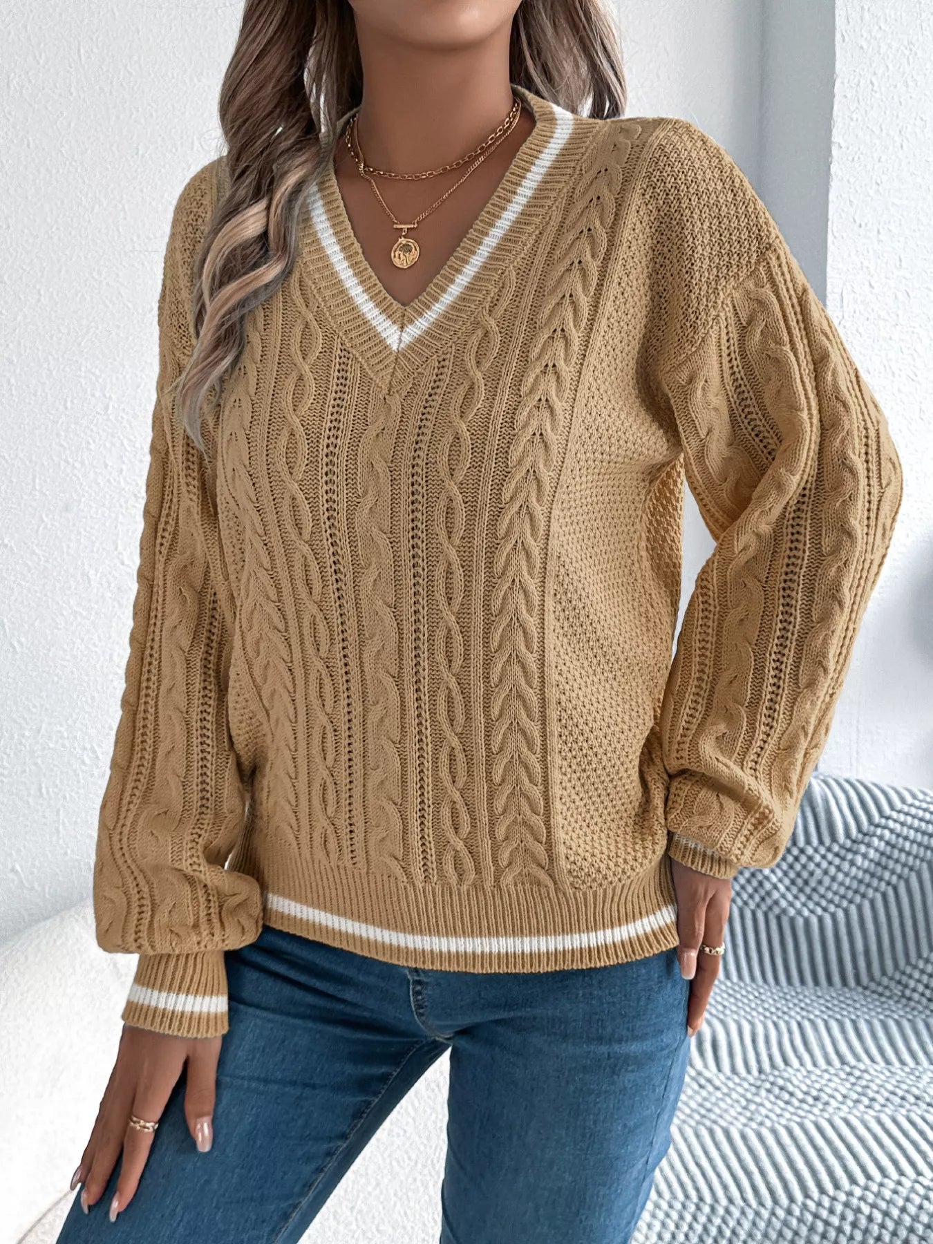 Cable Knit V-Neck Long Sleeve Sweater - Tigbul's Variety Fashion Shop
