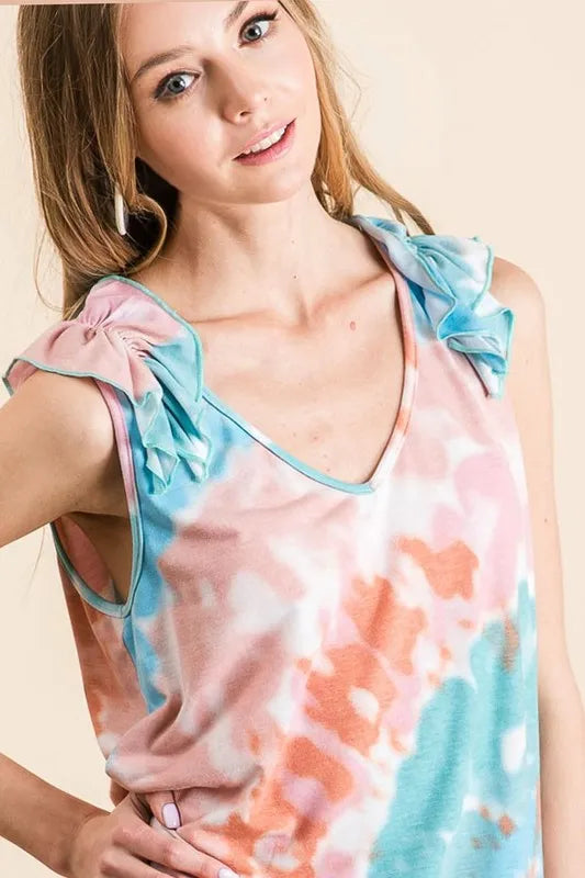 Circular Tie Dye Knit V Neck Top With Ruffle - Tigbul's Variety Fashion Shop