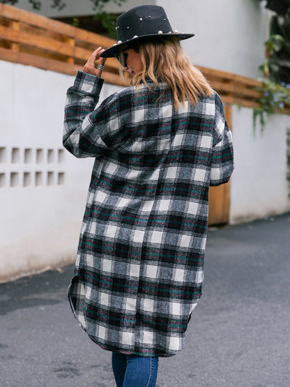 Plaid Button Up Long Sleeve Shacket - Tigbul's Variety Fashion Shop