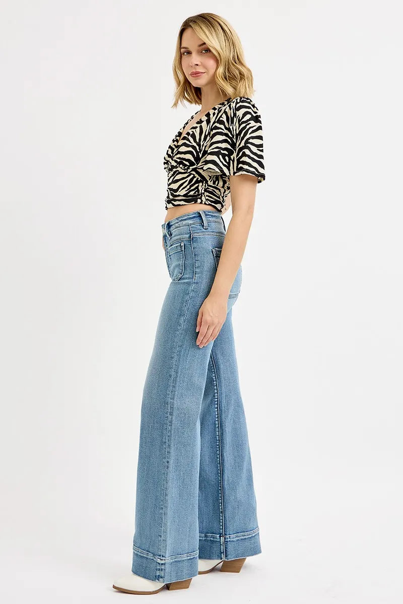 RISEN Full Size High Rise Wide Flare Patch Pocket Jeans Plus Size - Tigbul's Variety Fashion Shop