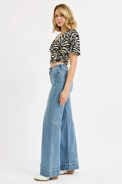 RISEN Full Size High Rise Wide Flare Patch Pocket Jeans Plus Size - Tigbul's Variety Fashion Shop