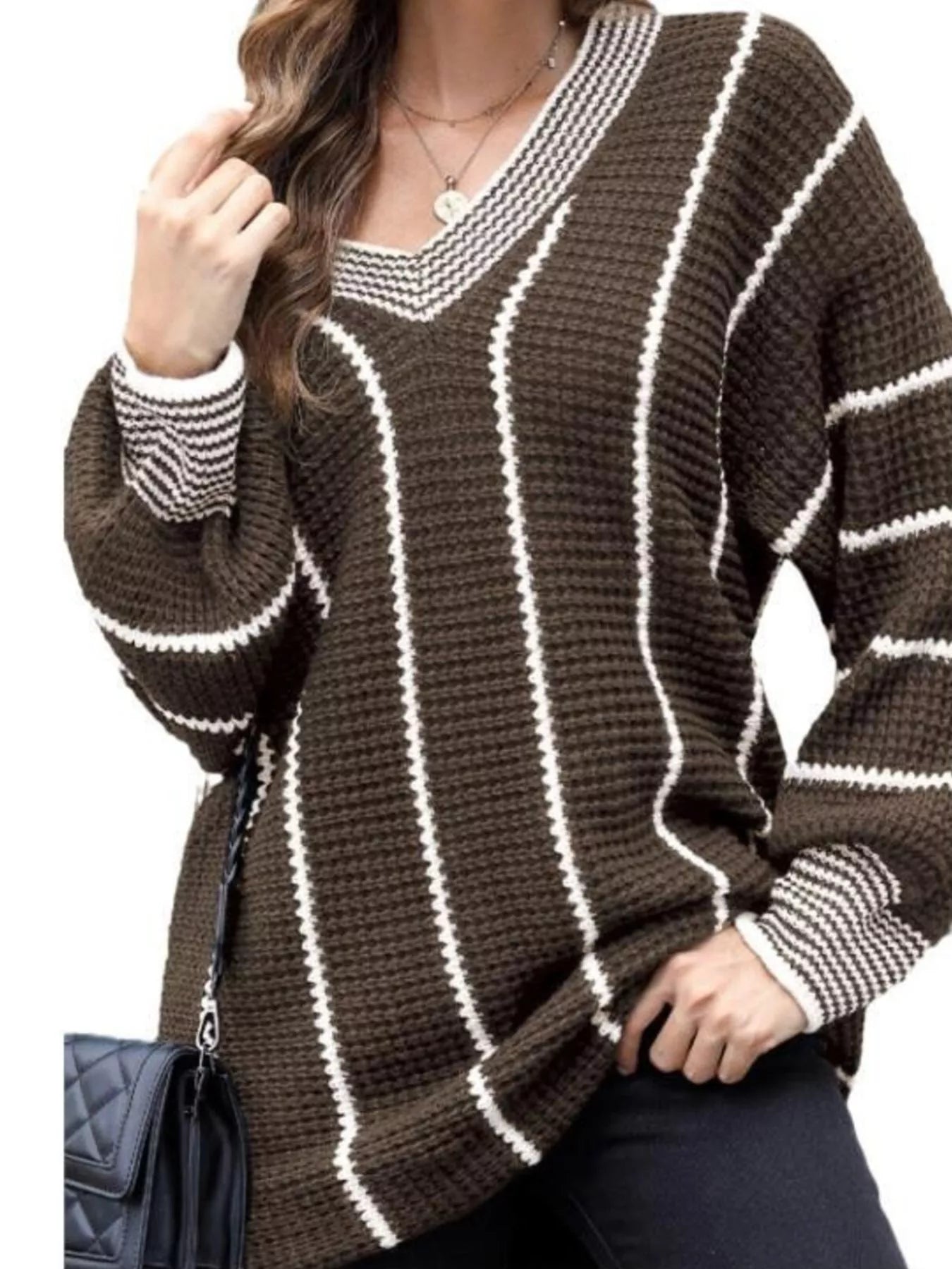 Full Size V-Neck Textured Knit Sweater Plus Size - Tigbul's Variety Fashion Shop