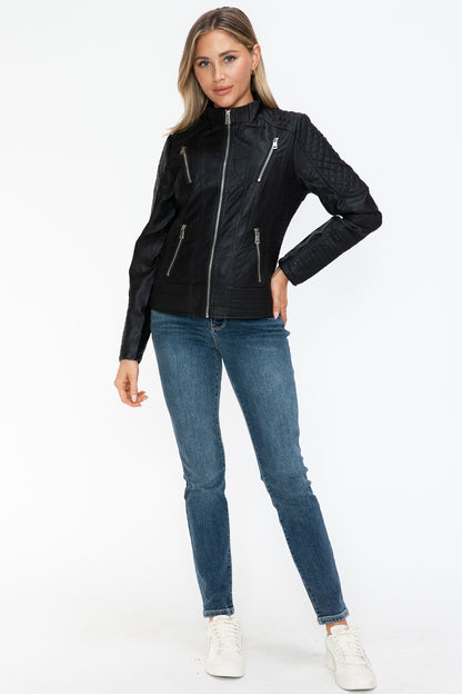 Black Faux Leather Zip Up Mock Neck Jacket