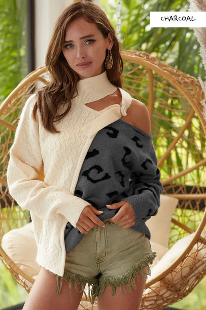 BiBi Cable-Knit Color Block One Shoulder Asymmetrical Sweater - Tigbul's Variety Fashion Shop