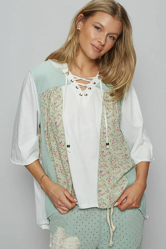 POL Lace-Up Hooded T-Shirt with Paisley Panel Detail - Tigbul's Variety Fashion Shop