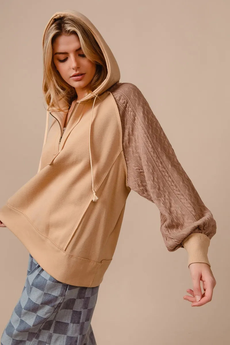 BiBi Half Zip French Terry Hoodie with Kint Sleeves - Tigbul's Variety Fashion Shop
