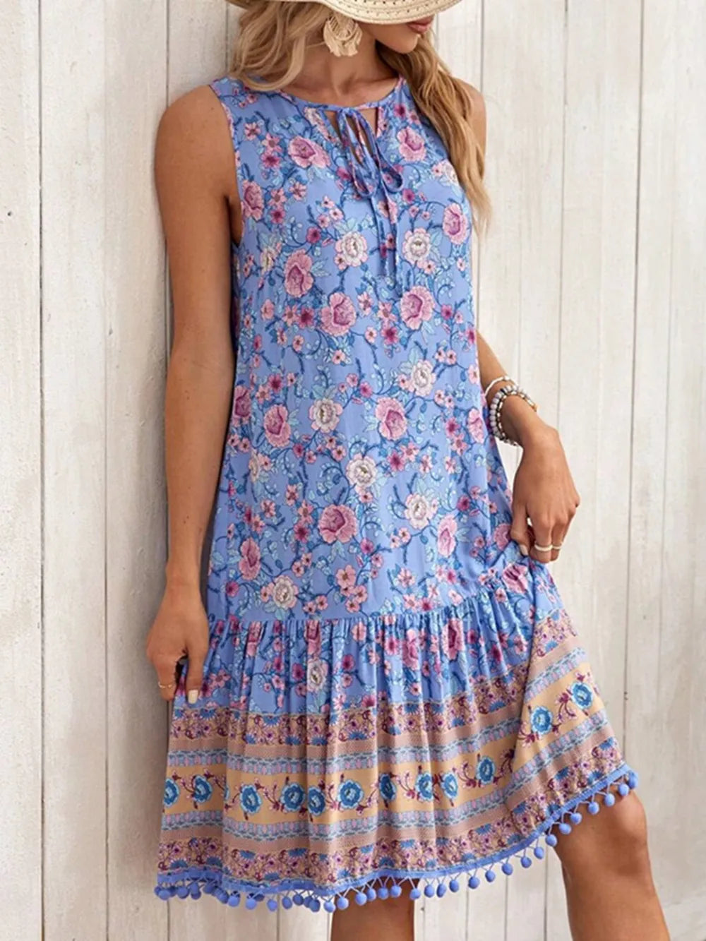 Tie Neck Sleeveless Floral Dress - Tigbul's Variety Fashion Shop