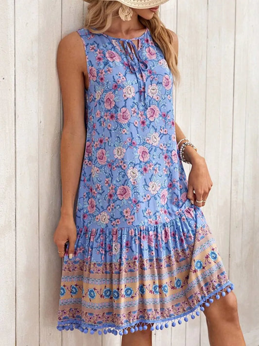 Tie Neck Sleeveless Floral Dress - Tigbul's Variety Fashion Shop