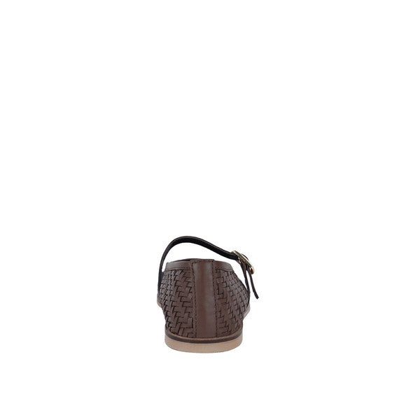 Brown woven leather ballerina back view with strap and low flat sole