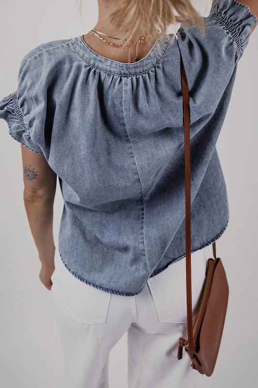 V Neck Ruffled Short Puff Sleeve Denim Top - Tigbul's Variety Fashion Shop