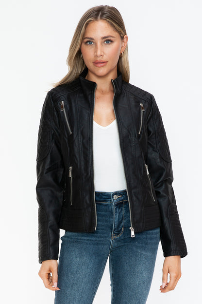 Black Faux Leather Zip Up Mock Neck Jacket