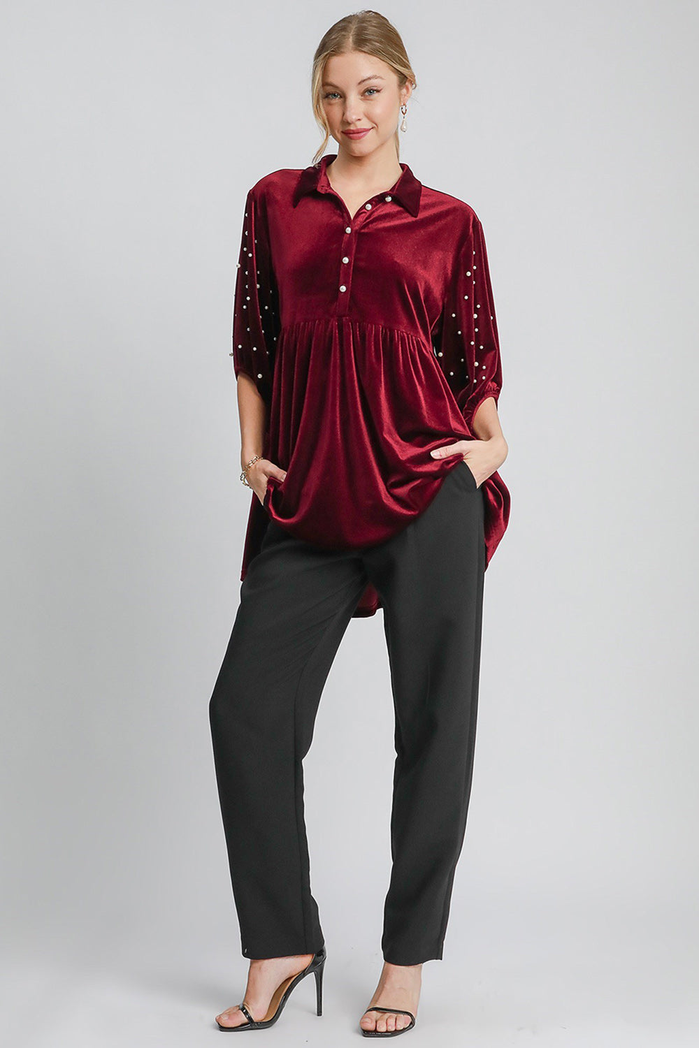 Pearl Detail Collared Neck Velvet Babydoll Blouse - Tigbul's Variety Fashion Shop