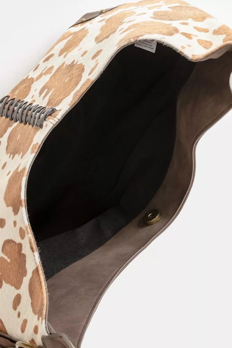 Fame Cow Print Hobo Shoulder Bag with Studded Details - Tigbul's Variety Fashion Shop