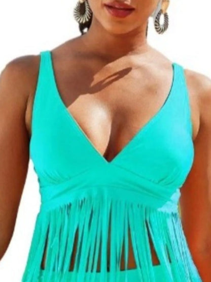 Plus Size Fringe V-Neck Tankini Swim Set - Tigbul's Variety Fashion Shop
