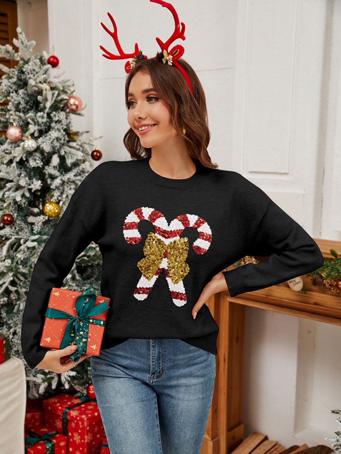 Sequin Candy Cane Round Neck Long Sleeve Sweater - Tigbul's Variety Fashion Shop