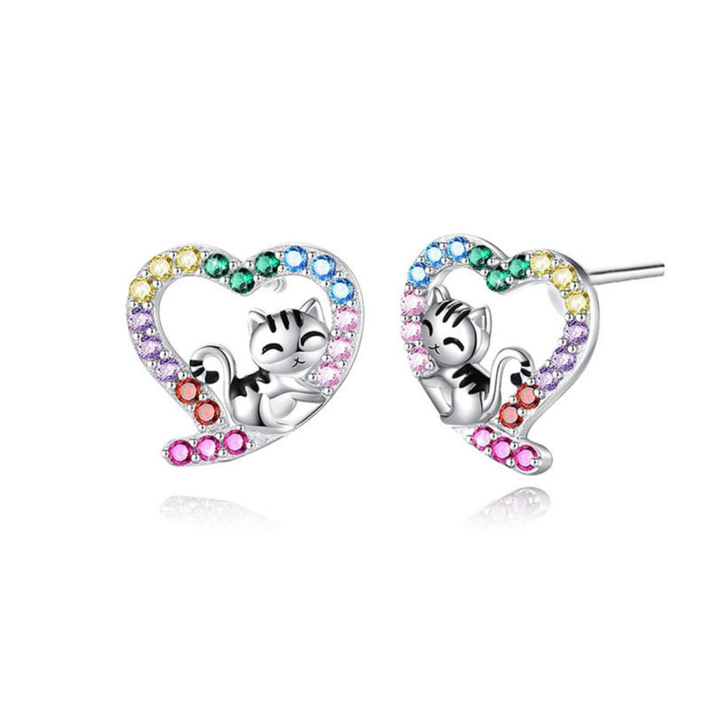 Pair of cat motif heart zircon stud earrings with rainbow stones and silver backs