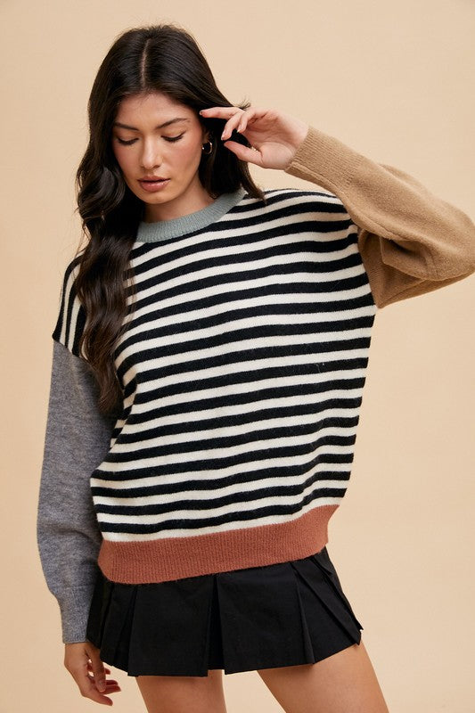 Ivory/Black Striped Color Block Round Neck Sweater - Tigbul's Variety Fashion Shop