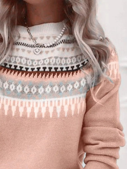 Full Size Vintage Patterned Round Neck Sweater Plus Size - Tigbul's Variety Fashion Shop