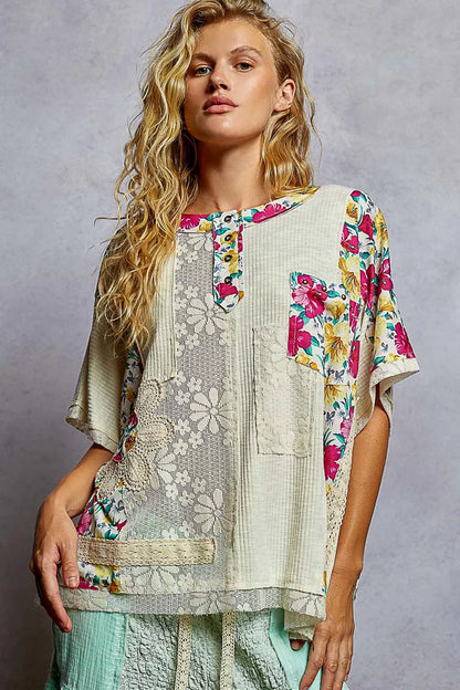 POL Lace Round Neck Short Sleeve Floral Pattern Top with Patch Detail - Tigbul's Variety Fashion Shop