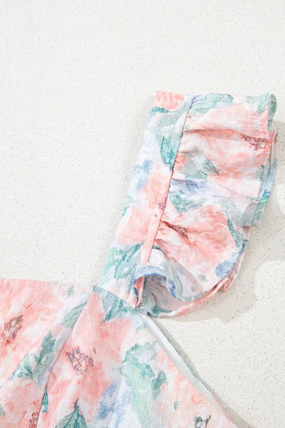Pink Floral Colorblock Flutter Straps Flowy Dress - Tigbul's Variety Fashion Shop