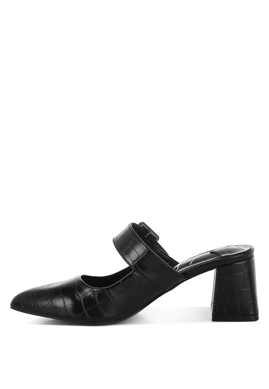 Black pointed-toe mule with croc texture and buckle detail, side profile