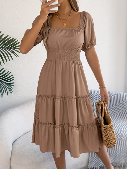 Square Neck Short Puff Sleeve Dress - Tigbul's Variety Fashion Shop