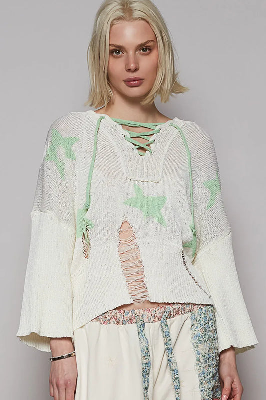 POL Distressed Lace-Up Star Pattern Hooded Hooded Sweater - Tigbul's Variety Fashion Shop