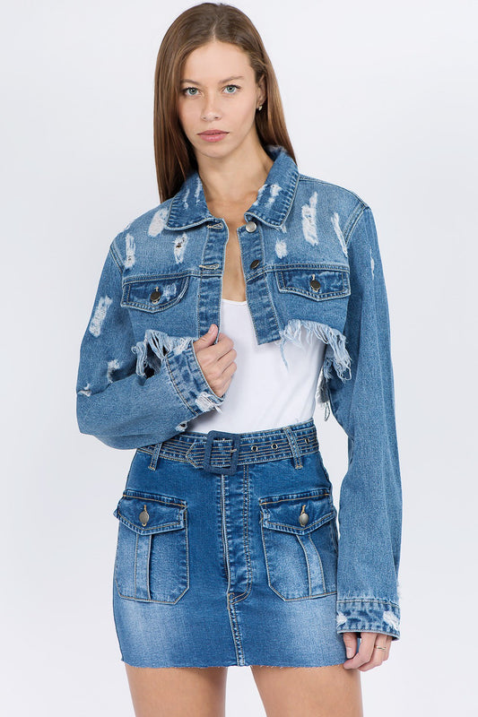 American Bazi Distressed Denim Jacket with Frayed Hem - Tigbul's Variety Fashion Shop