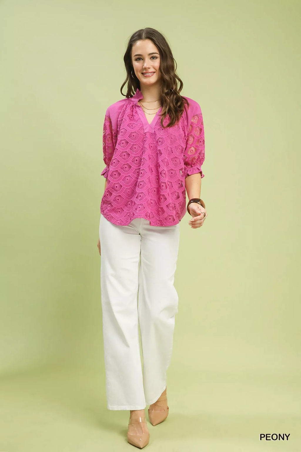 Umgee linen V-neck lace blouse in PEONY pink, three-quarter puff sleeves
