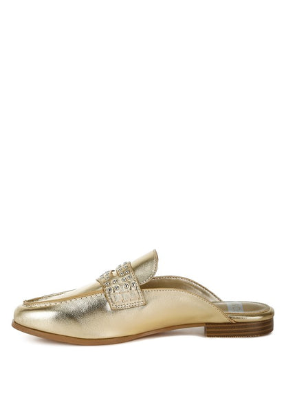 Adam Lane Gold Stud Detail Metallic Pleather Mules - Tigbul's Variety Fashion Shop