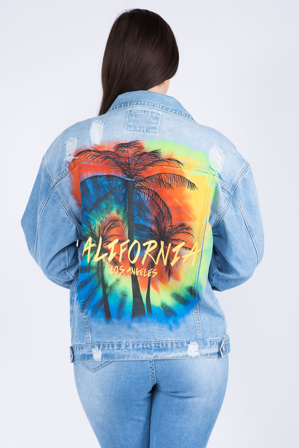 American Bazi Full Size Painted Back Distressed Denim Jacket - Tigbul's Variety Fashion Shop