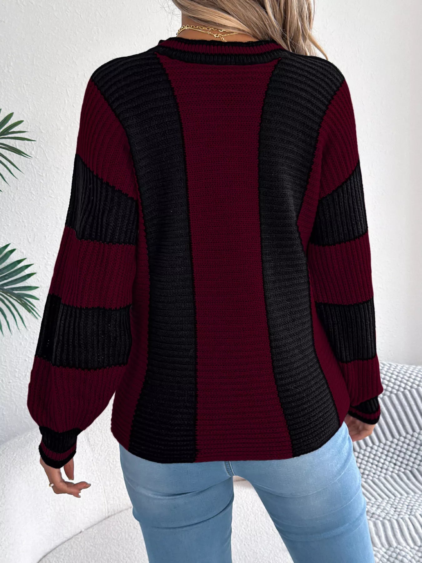 Color Block Round Neck Sweater - Tigbul's Variety Fashion Shop