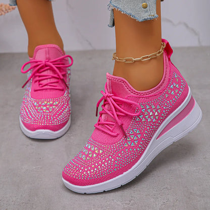 Breathable Mesh Rhinestone Wedge Athletic Sneakers - Tigbul's Variety Fashion Shop
