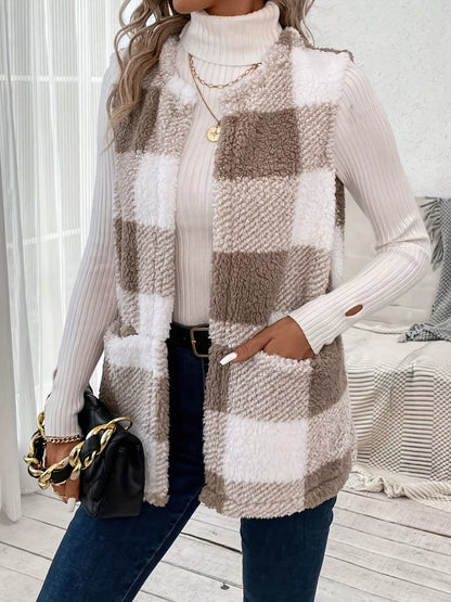 Plaid Sherpa Vest Coat with Pockets - Tigbul's Variety Fashion Shop