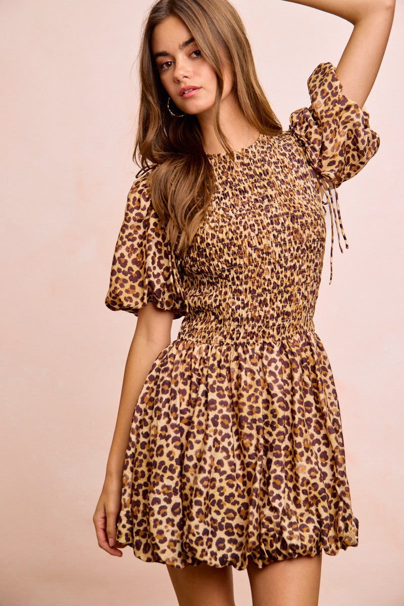 Leopard print mini dress with drawstring tie puff sleeves and gathered waist