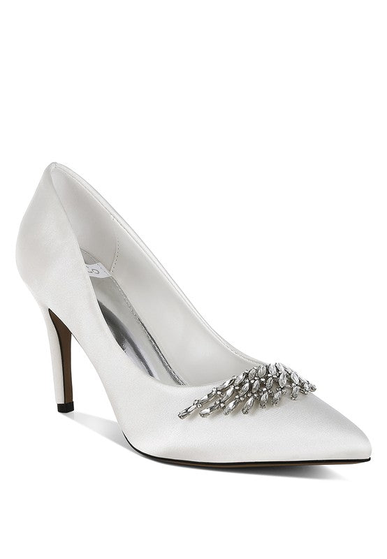 Rhodolia Diamante Brooch Detail Satin Pumps - Tigbul's Variety Fashion Shop