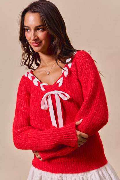 SO ME Satin Tape Braided Ribbon Tie V Neck Sweater - Tigbul's Variety Fashion Shop