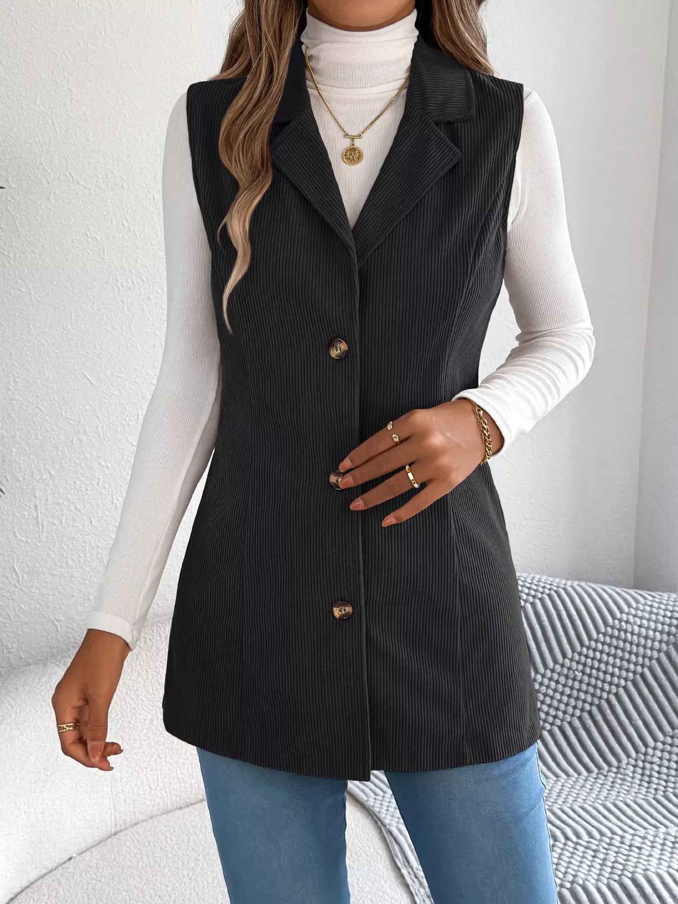 Button-Front Longline Vest Coat - Tigbul's Variety Fashion Shop