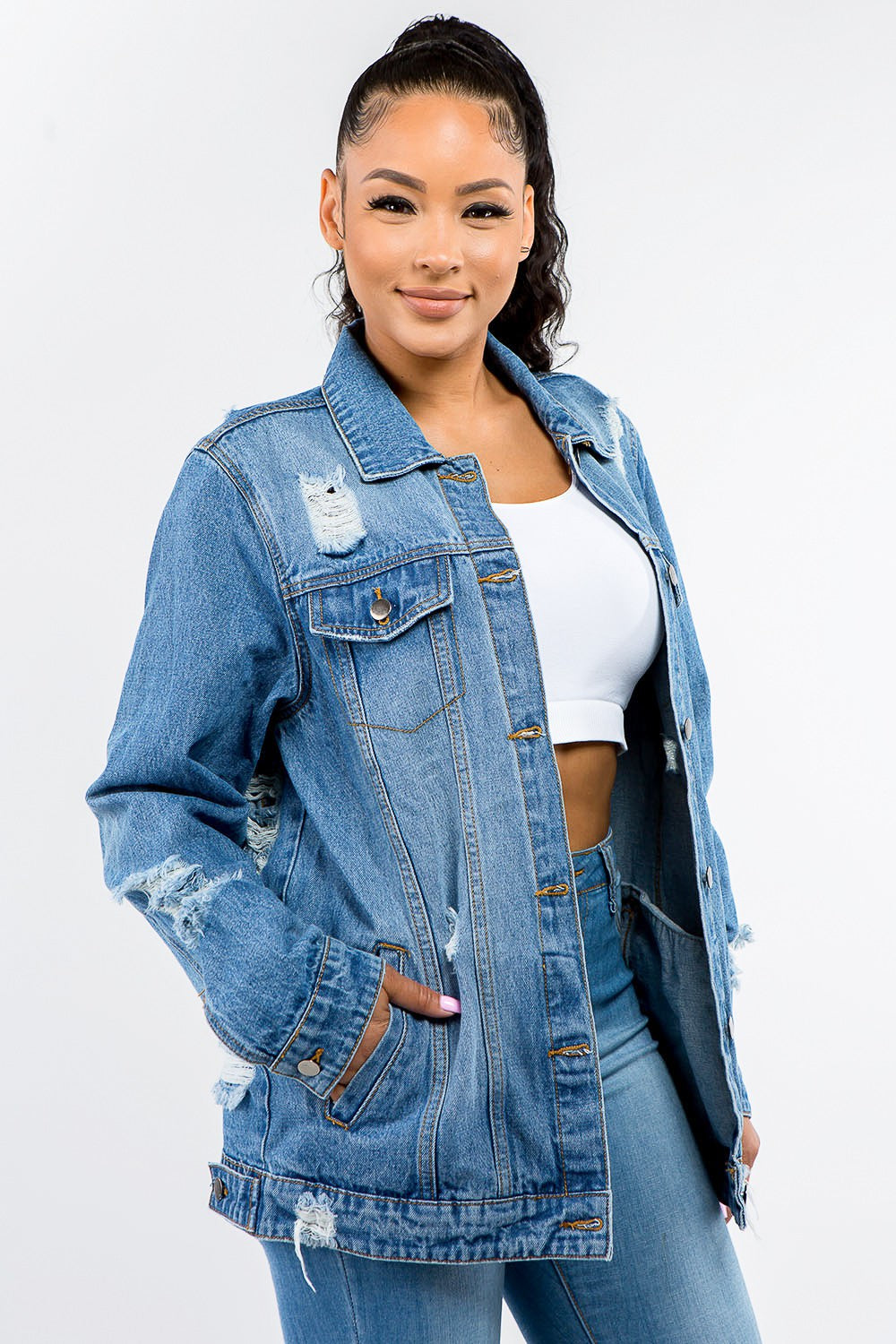 American Bazi Full Size Button Up Distressed Denim Jacket - Tigbul's Variety Fashion Shop